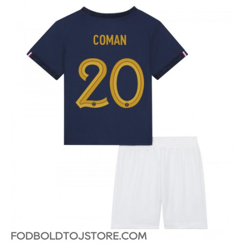 Frankrig Kingsley Coman #20 Hjemmebanesæt Børn VM 2022 Kortærmet (+ Korte bukser)